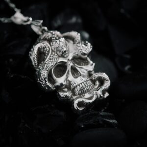 Silver Skull Pendant with Intricate Snake Design – Gothic Jewelry Piece